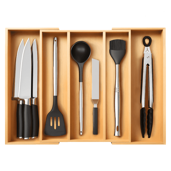 VEGCOO Bamboo Adjustable Kitchen Utensil Organizer, 17" x 21" Silverware Tray with Drawer Dividers, Natural Bamboo Flatware Holder for Kitchen and Home Use (3-5 Slots)