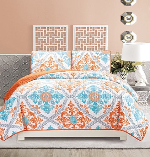 5-Piece Fine printed Chic Quilt Set Reversible Bedspread Coverlet FULL QUEEN SIZE Bed Cover Light Blue, Grey