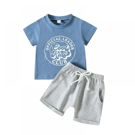 

GYRATEDREAM Newborn Infant Baby Boy Summer Clothes Set Letter Print Short Sleeve T-Shirt Tops+Solid Shorts 2 Pcs Summer Outfits Blue#2 12-18 Months