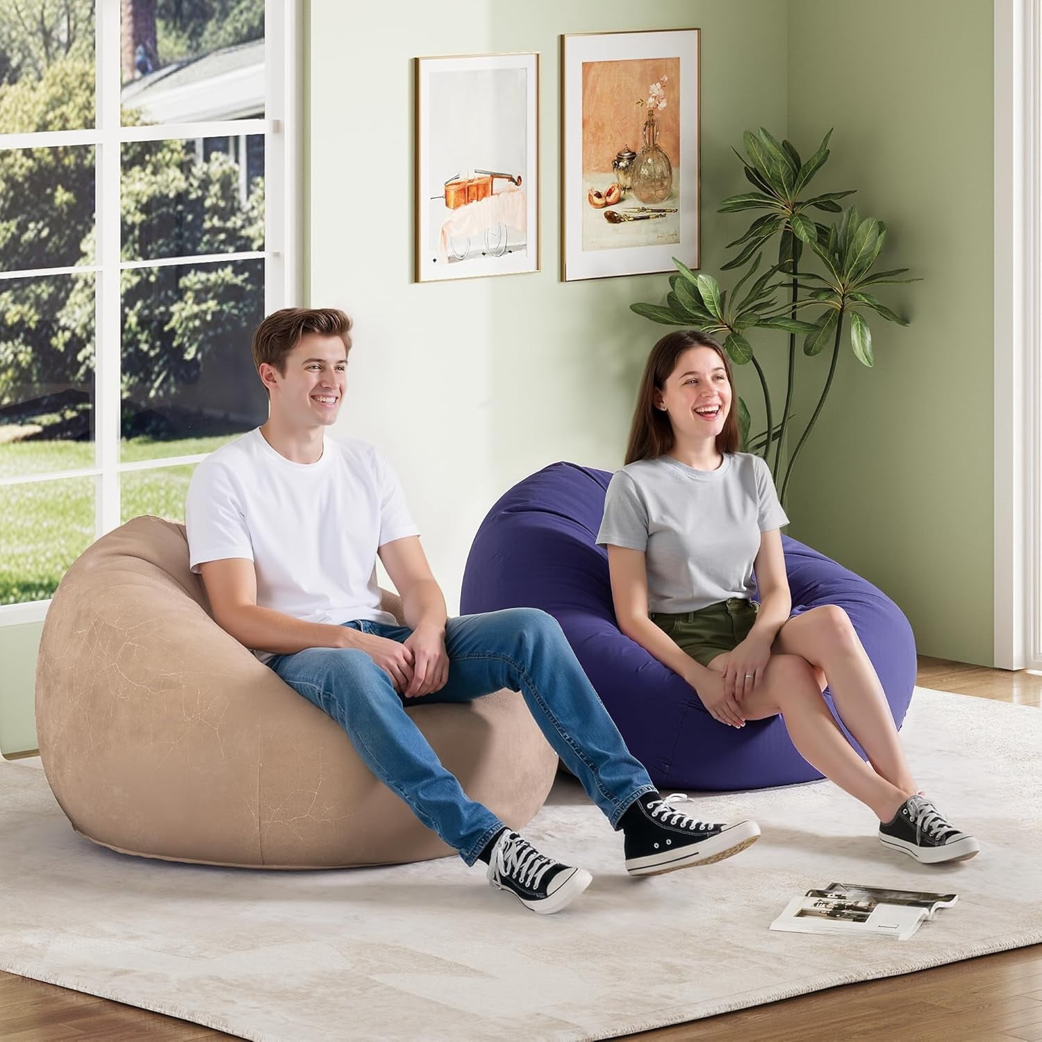 2 Pcs Bean Bag Chair for Kids Adults, Inflatable Chair, No Filler, Comfy, Suit for Dorm Gaming Room Indoor Outdoor, Beige and Purple