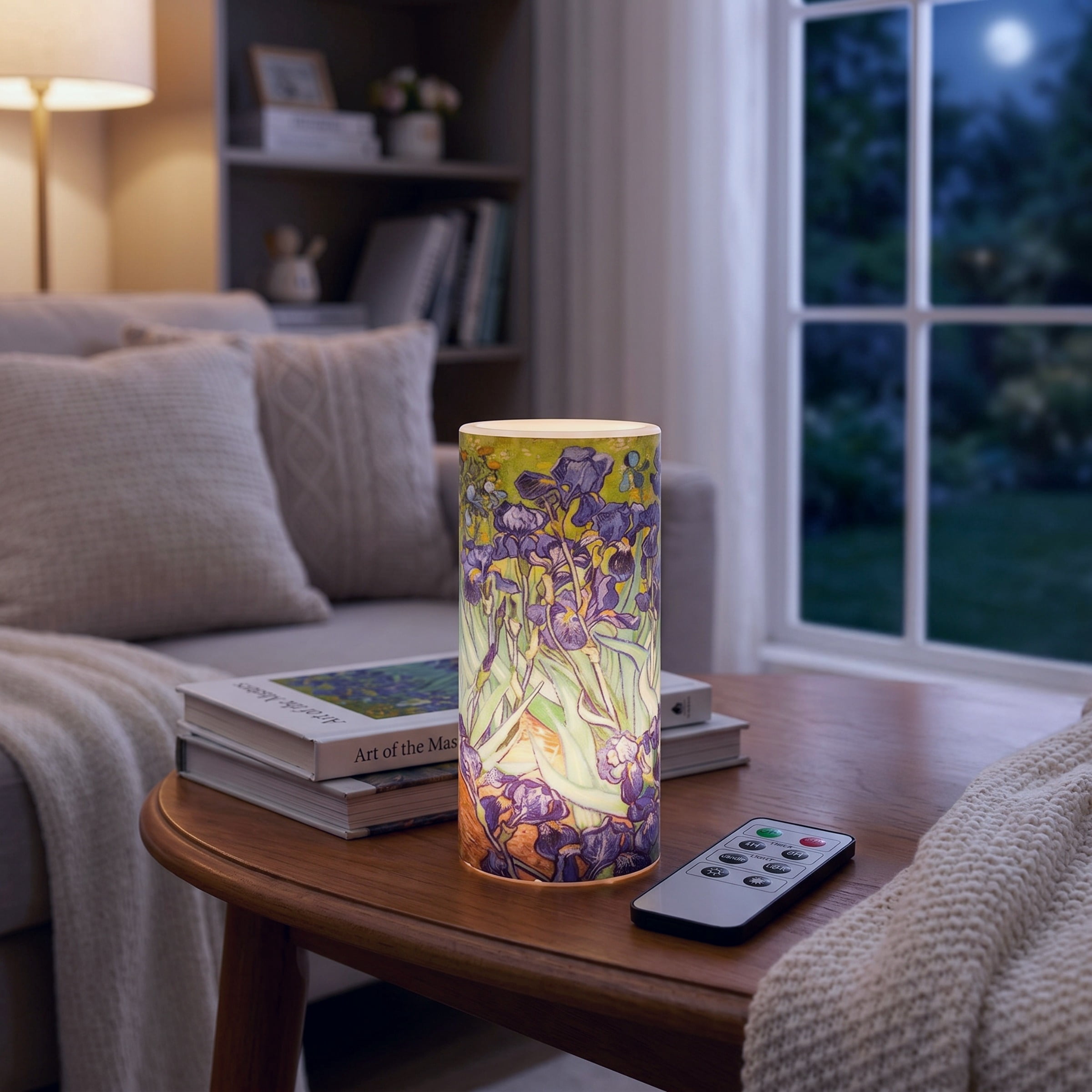 Lavish Home Flameless Candle - Van Gogh Irises Battery Operated LED Candle with Remote