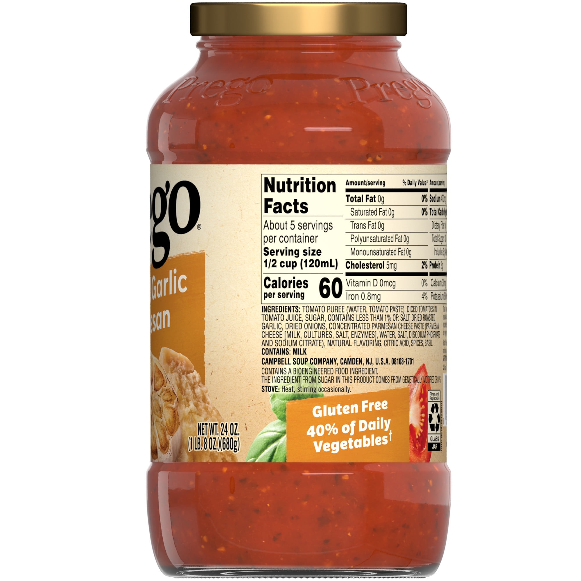 (6 pack) Prego Pasta Sauce, Italian Tomato Sauce with Roasted Garlic & Parmesan Cheese, 24 oz Jar