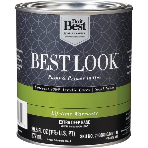 Best Look 100% Acrylic Latex Paint & Primer In One Semi-Gloss Exterior House Paint, Extra Deep Base, 1 Qt.