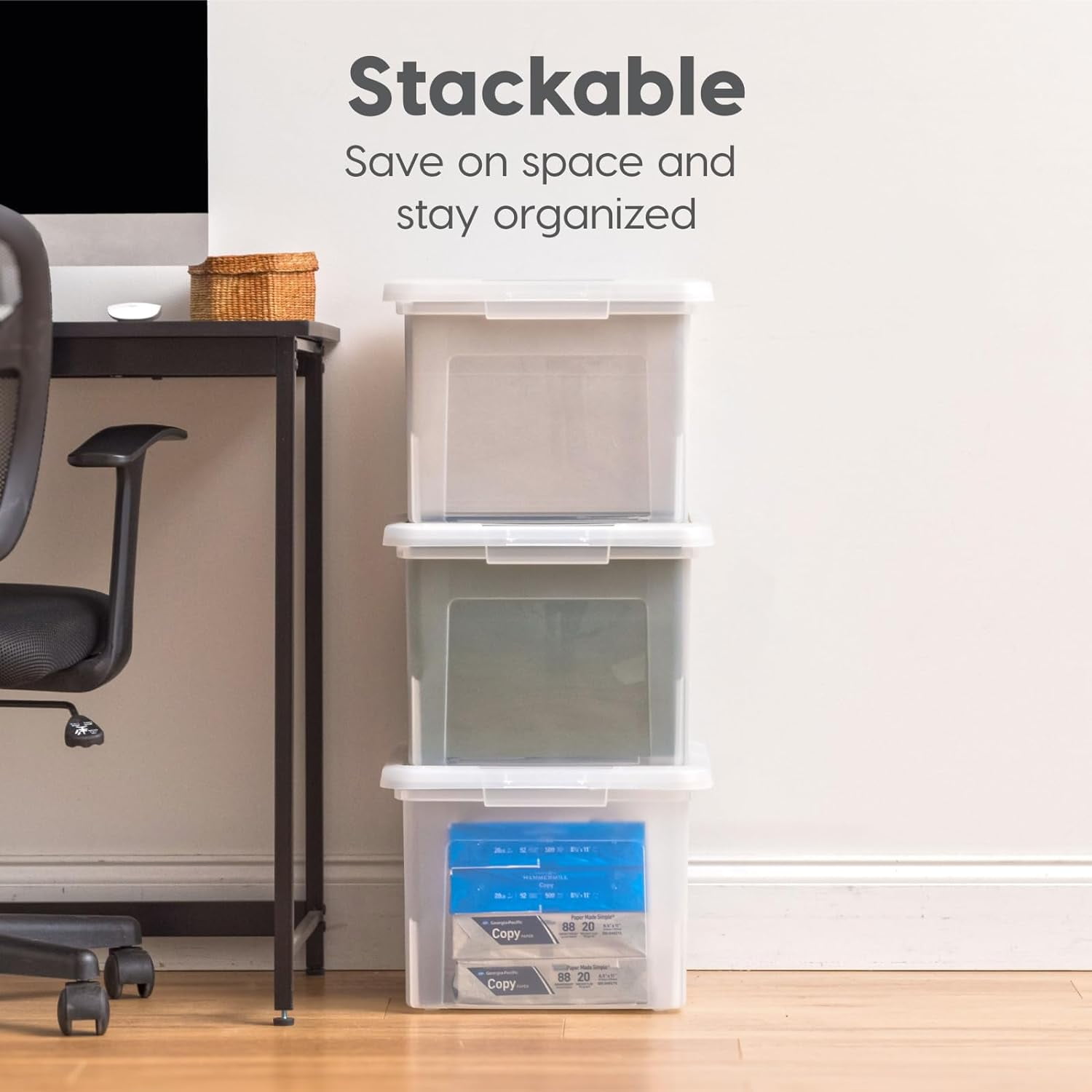 Librala File Box, Plastic File Organizer with Lids for Letter/Legal File, Portable Document Box For Moving, Storage Bin with Durable and Secure Lid, Stackable Nestable BPA-Free, Pearl 35 Qt. 4 Pack