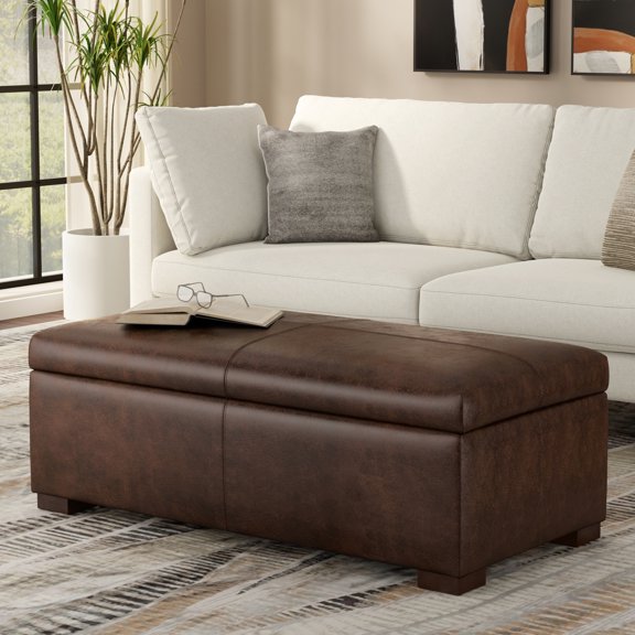 Gabbie 48" WD Contemporary Storage Ottoman in Chestnut Brown Vegan Faux Leather