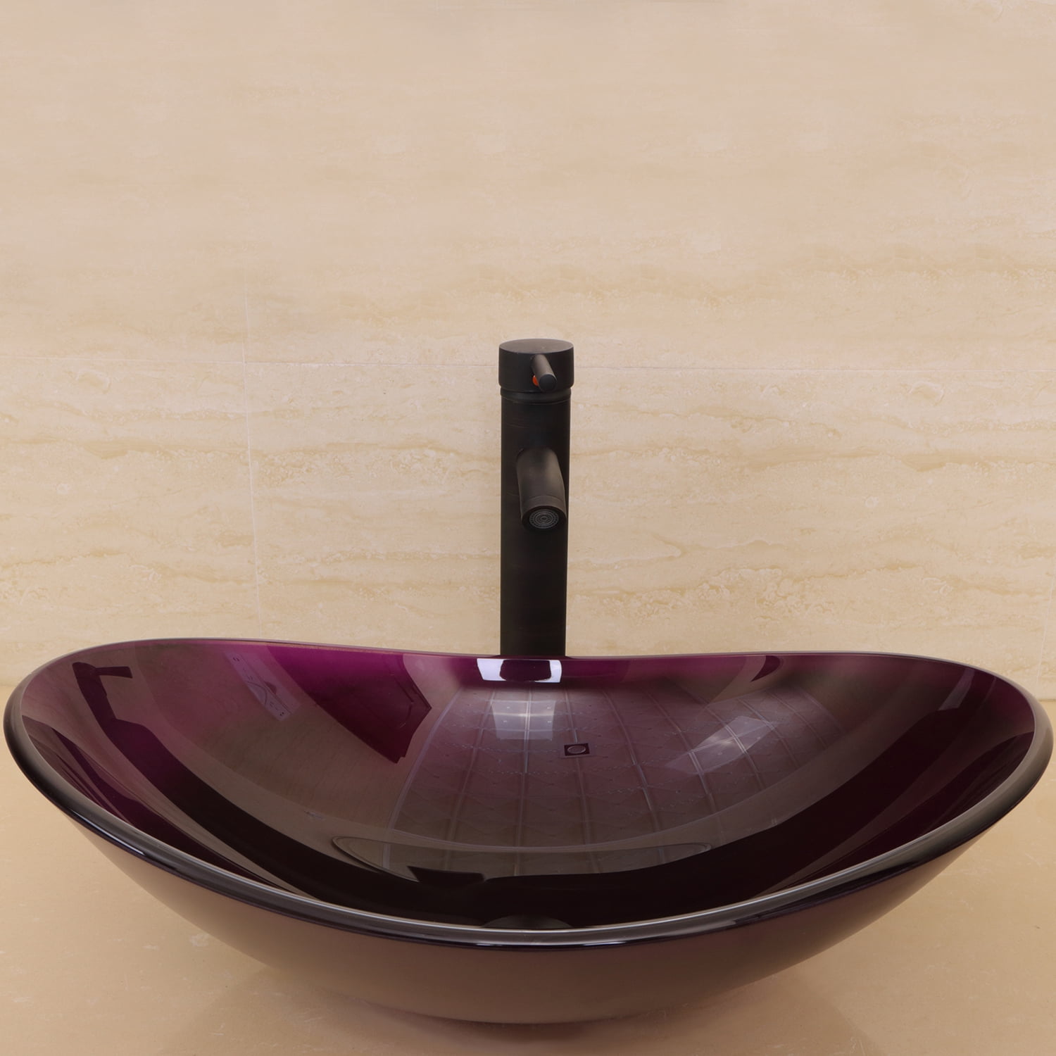 Wonline Purple Tempered Glass 21.5 x14 x 6.3 Inch Oval Bathroom Vessel Sink