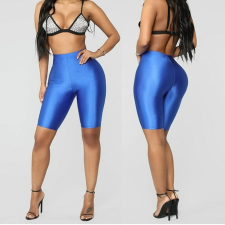 Women Short Leggings Biker Shorts Dance Workout Yoga Pants Shinning Tight Slim Nylon Training Running Gym Cycling Exercise Shorts Short Pants Basic Pants Blue