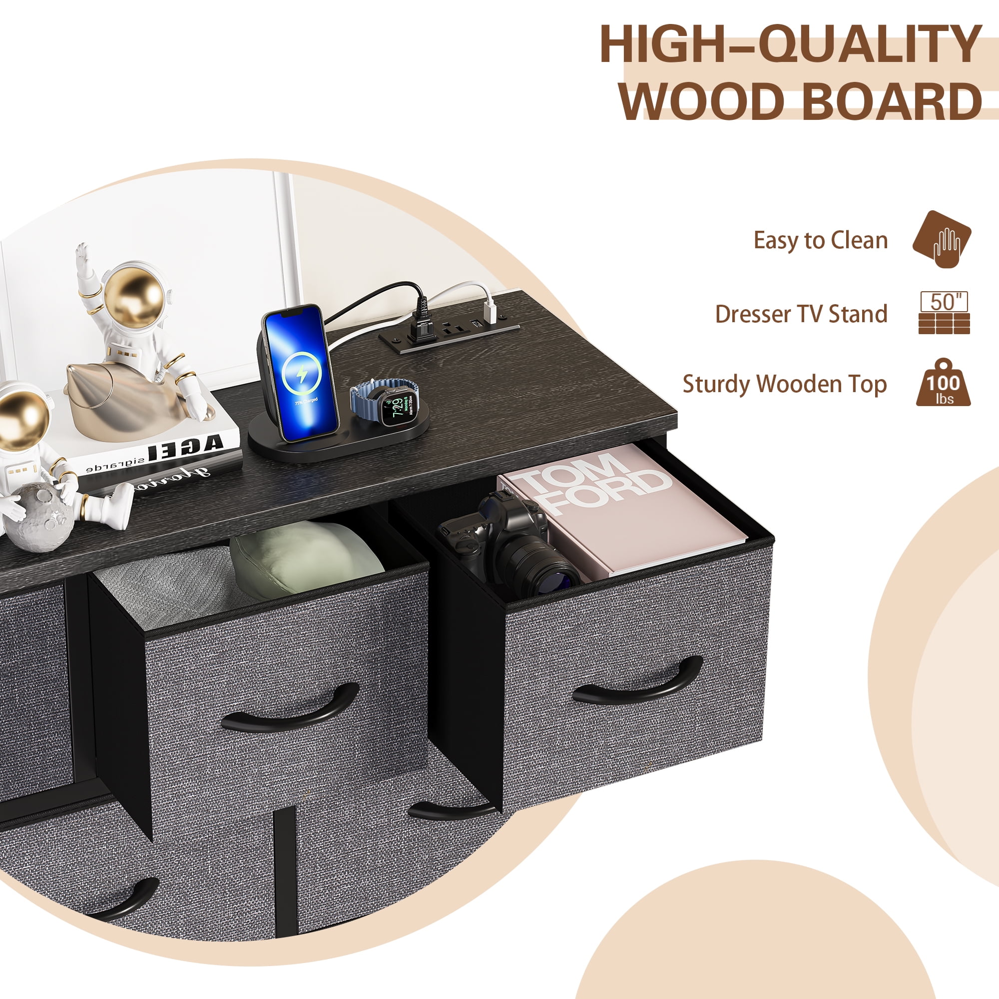 GIKPAL Dresser TV Stand, 10 Drawer Dresser for Bedroom with Power Outlet, Chest of Drawers for 55" Long TV, PU Dresser for Storage and Organization, Gray
