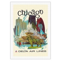 Chicago Illinois - Buckingham Fountain Marina City - Delta Air Lines - Vintage Airline Travel Poster by Fred Sweney c.1970s - Fine Art Rolled Canvas Print 27in x 40in
