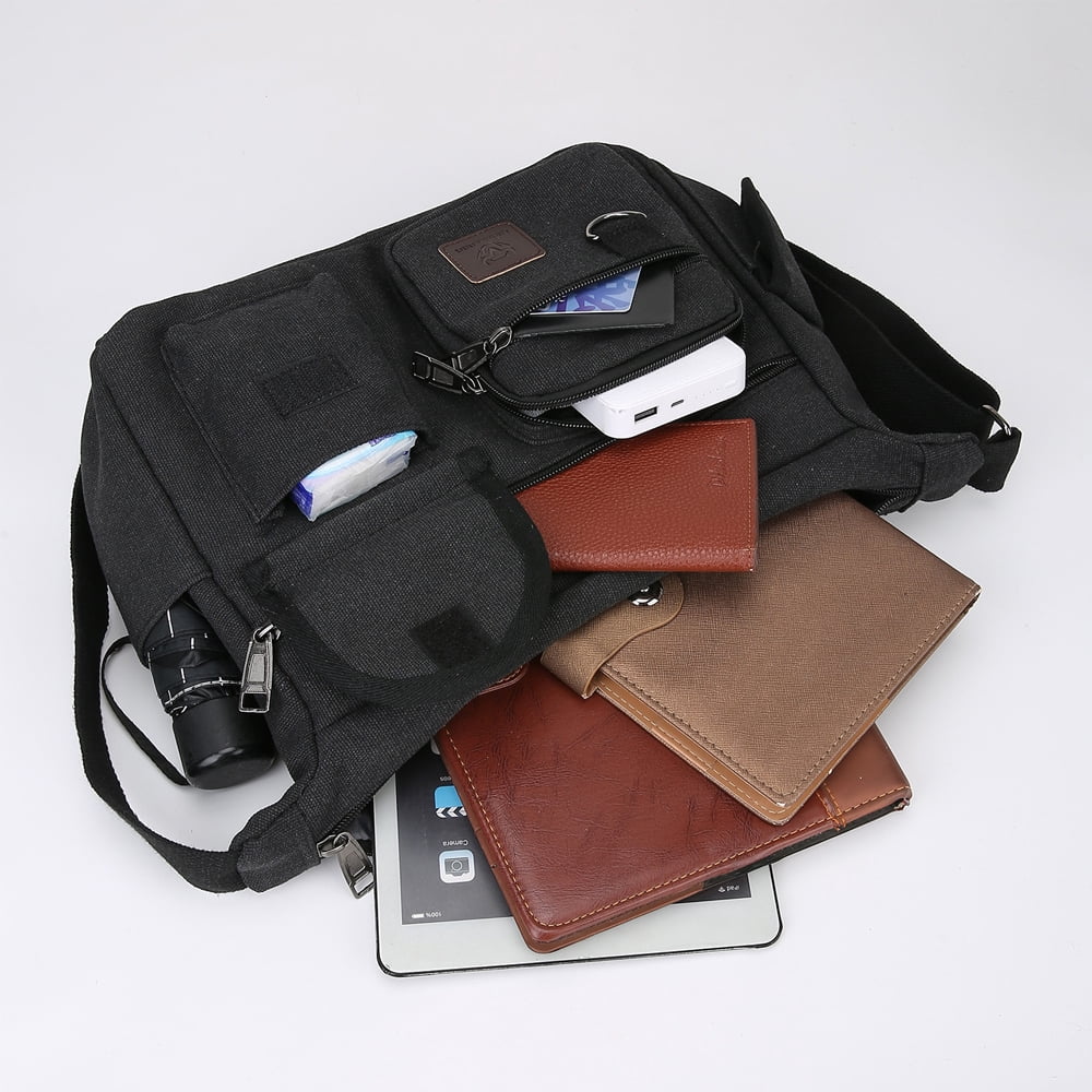 LEBULLBRO Canvas Messenger Bag for Mens Womens Multi-pockets 13 inch Laptop Shoulder Sling Bags School Crossbody Bags Travel Black