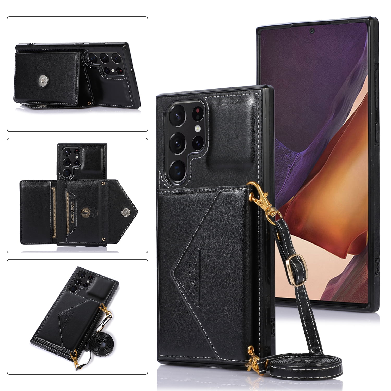 SaniMore for Samsung Galaxy S23 Ultra 6.8 2023 Case with Back Folding Card  Pocket Kickstand Detachable Adjustable Crossbody Shoulder Strap PU Leather  Shockproof Slim Wallet Case, Black 