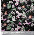 thumbnail image 2 of Soimoi Pink Polyester Crepe Fabric Bird,Leaves & Orchids Flower Decor Fabric Printed BTY 42 Inch Wide, 2 of 3