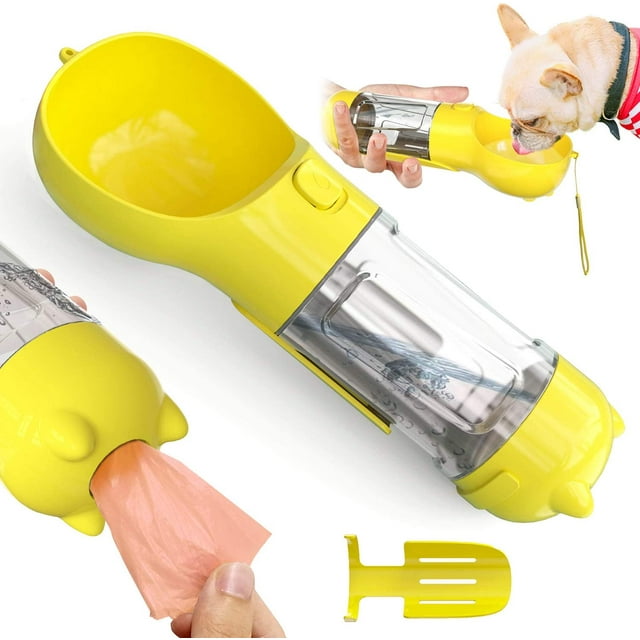 300ml Gourde pour Chien,3 en 1 Portable Bouteille d'eau pour Chien avec Pelle à Merde et Sac à Ordures,Animaux Boire Bouteille pour Voyage,Marche (Jaune)