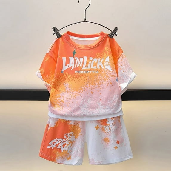 Ccpelsie Little/Big Boy Summer Set Cute Cartoon Shirts & Shorts Casual Toddler Clothes for Kids Casual Daily Wear(Orange,8-9 Years)