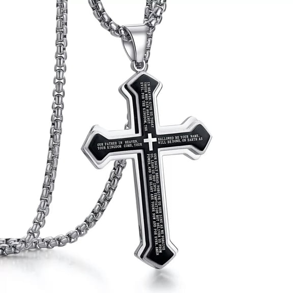 QQTDFG Men Cross Pendant Necklace Stainless Steel Multilayer Lord's Prayer Chain 24"-default
