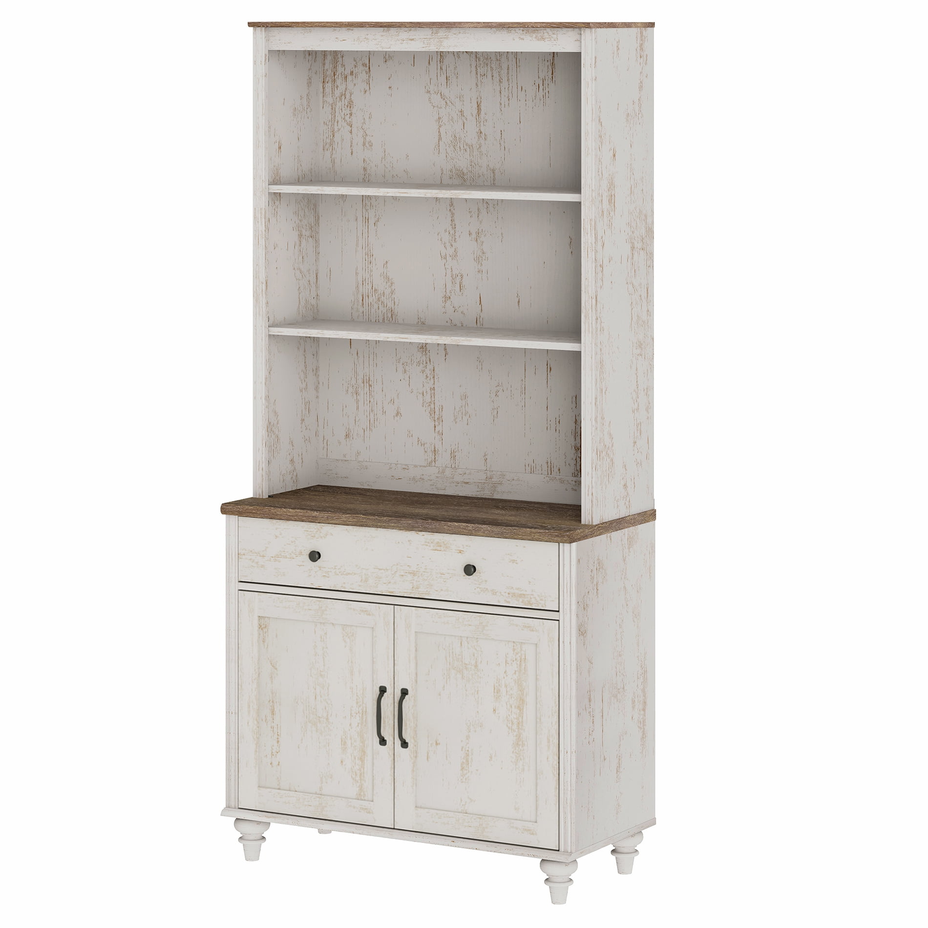 Farmhouse 5 Tier Bookcase With Drawer & Doors, Rustic White, 33.9" W