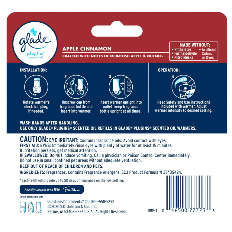 Glade PlugIns Refills Air Freshener, Scented and Essential Oils for Home  and Bathroom, Apple Cinnamon, 3.35 Fl Oz, 5 Count