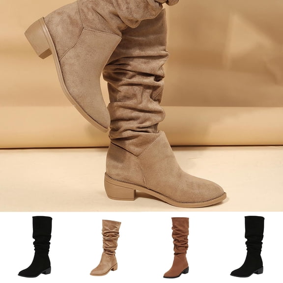 Purcolt Mid-Calf Boots for Womens Vintage Trendy Ruched Pointed Toe Block Heel Booties Comfort Casual Non-Slip Pull-on Western Cowgirl Boots