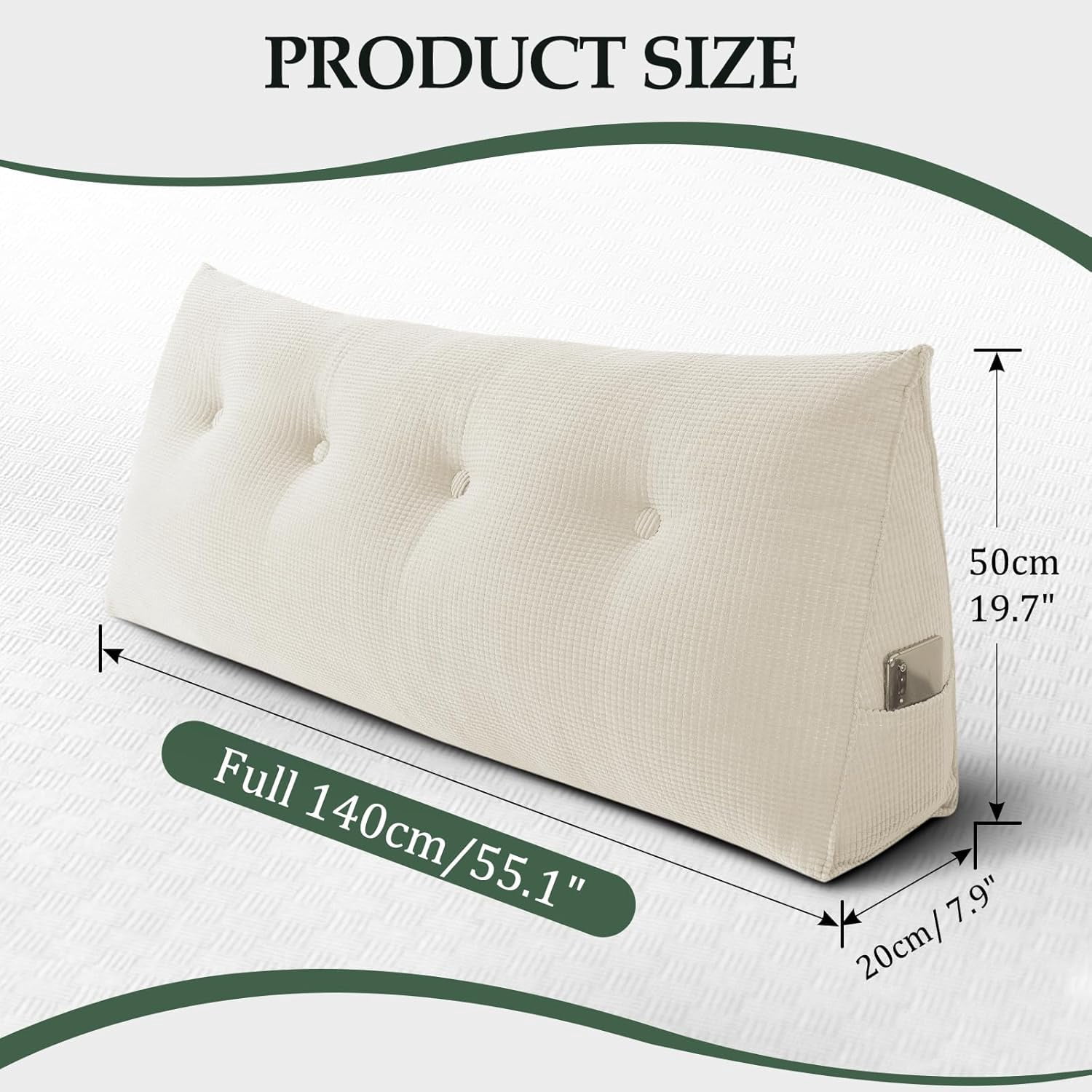 Soft Headboard Pillow Full Size, Wall Backrest Wedge Pillow Headboard Full, Reading Backboard Pillows, Large Dorm Daybed Bolster Pillows for Back Support with Removable Cover, Beige