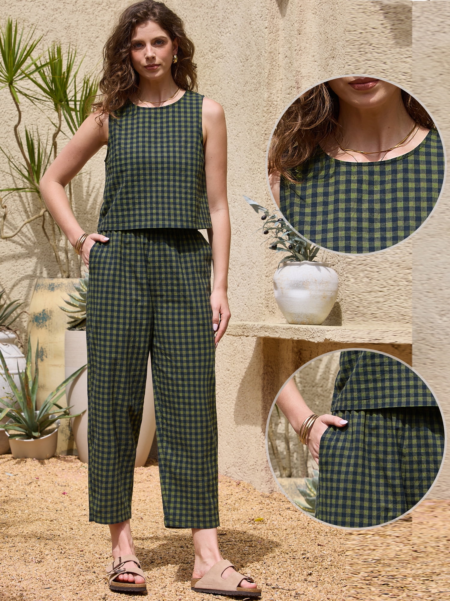 DARING DIVA Women's Gingham Pants Set 2 Piece Outfits Sleeveless Crop Top S Army Green
