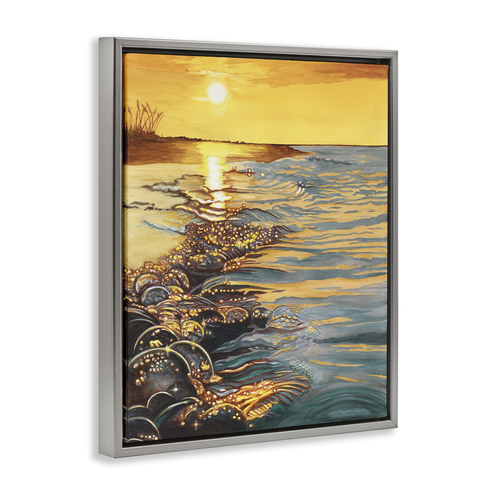 Stupell Industries Saltwater Beach Sunset Landscape Painting Gray Floater Framed Canvas Art Print Wall Art, 25 x 31