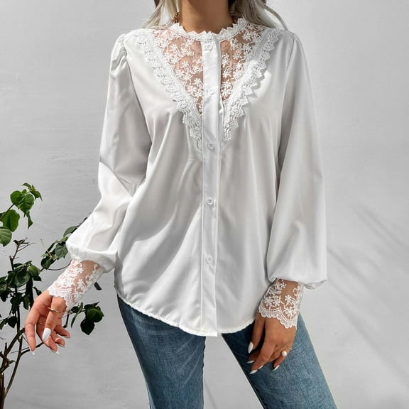 ICHUANYI Womens Trendy Lace V Neck Shirts Solid Color Long Lantern Sleeve Blouses Casual Loose Button Down Tops