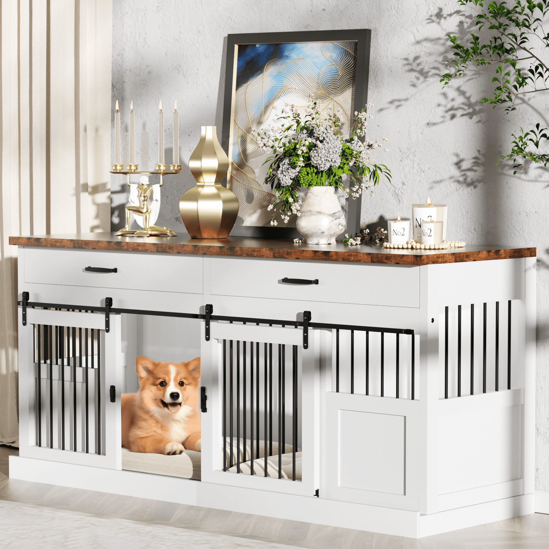 70.9'' Heavy-Duty Wooden Kennel Cage, Large Dog Crate Furniture with 2 Drawers and Divider, TV Stand End Table for 2 Large Dogs, White