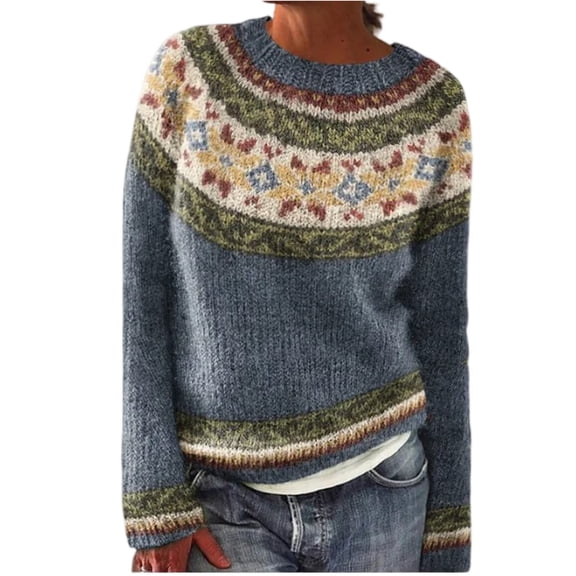 Fair Isle Sweater Women Fall Knitted Vintage Embroidered Sweaters Crewneck Stripes Long Sleeve Casual Boho Tops Light Blue 2XL