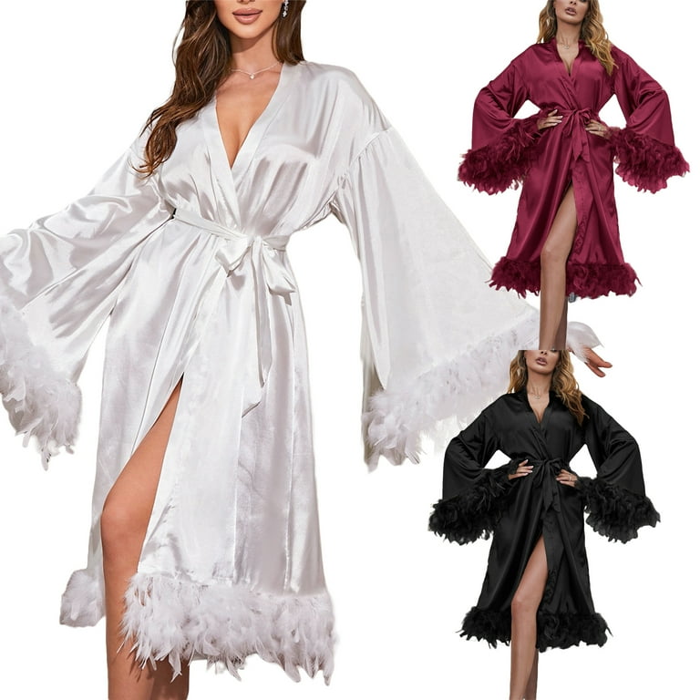 Douhoow Women Feather Fur Robe Nightgown Bathrobe Sleepwear Satin Bridal Dressing Gown Walmart