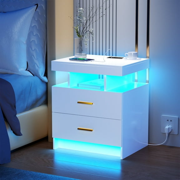 Dalattin White Nightstand with Charging Station 2 Drawers, Smart Sense End Side Table for Bedroom