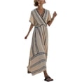 thumbnail image 2 of YHAJDS Women Gown V Neck Short Sleeve Wrap Waist Flared Striped Long Maxi Dress, 2 of 5