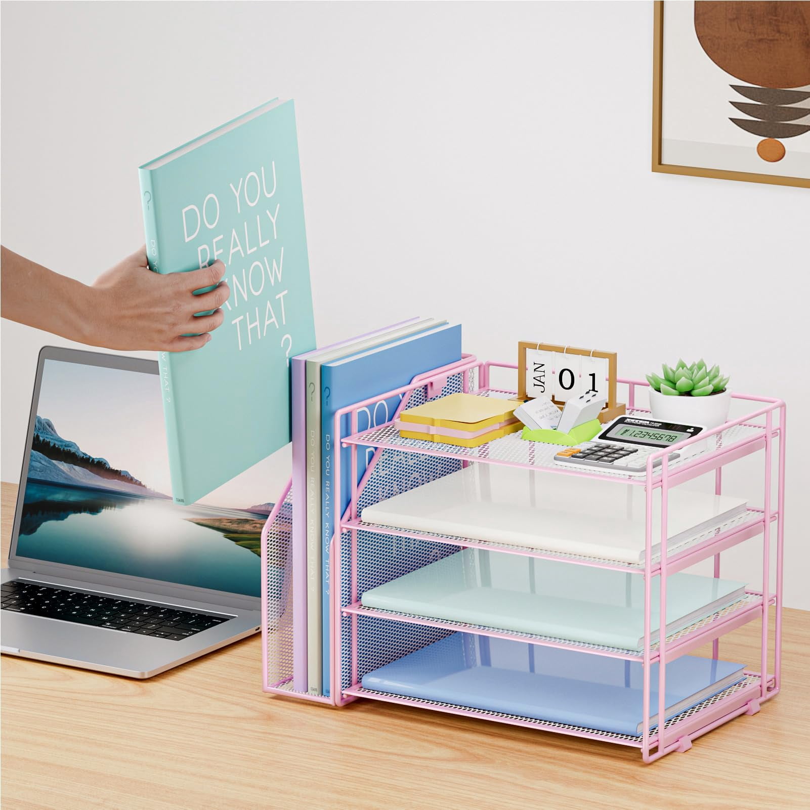 Marbrasse Desk Organizer ，4-Tier Paper Letter Tray Organizer with File Holder， Workspace Desktop Organizers for Home Office Desk Supplies (Pink)