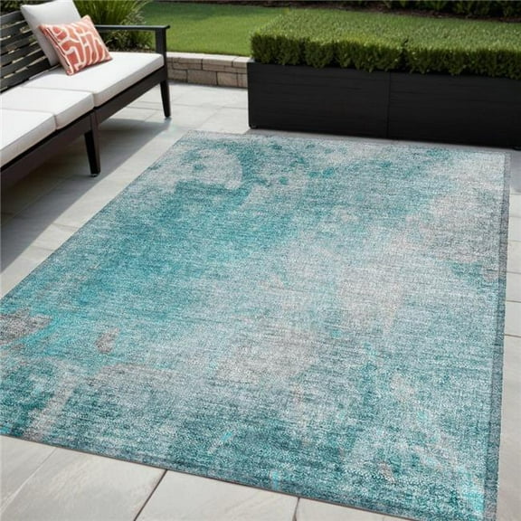 HomeRoots 563317 5 x 8 ft. Teal Abstract Washable Non Skid Indoor Outdoor Rectangle Machine Woven Area Rug