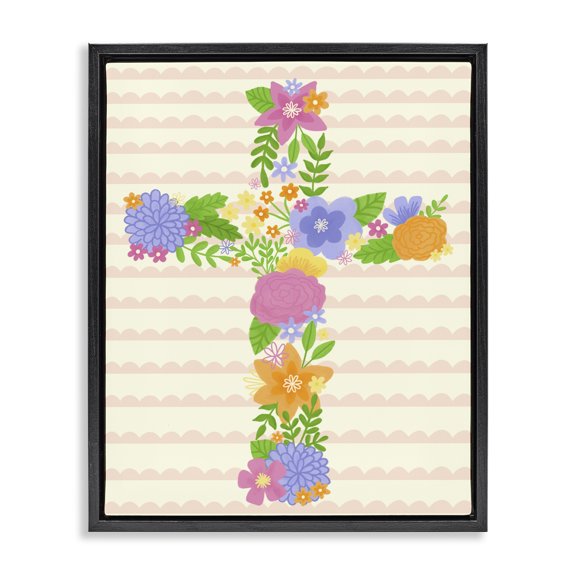 Stupell Industries Cottage Floral Cross Religious Symbol Black Floating Frame Canvas Art, 25 x 31, by Taylor Shannon Designs