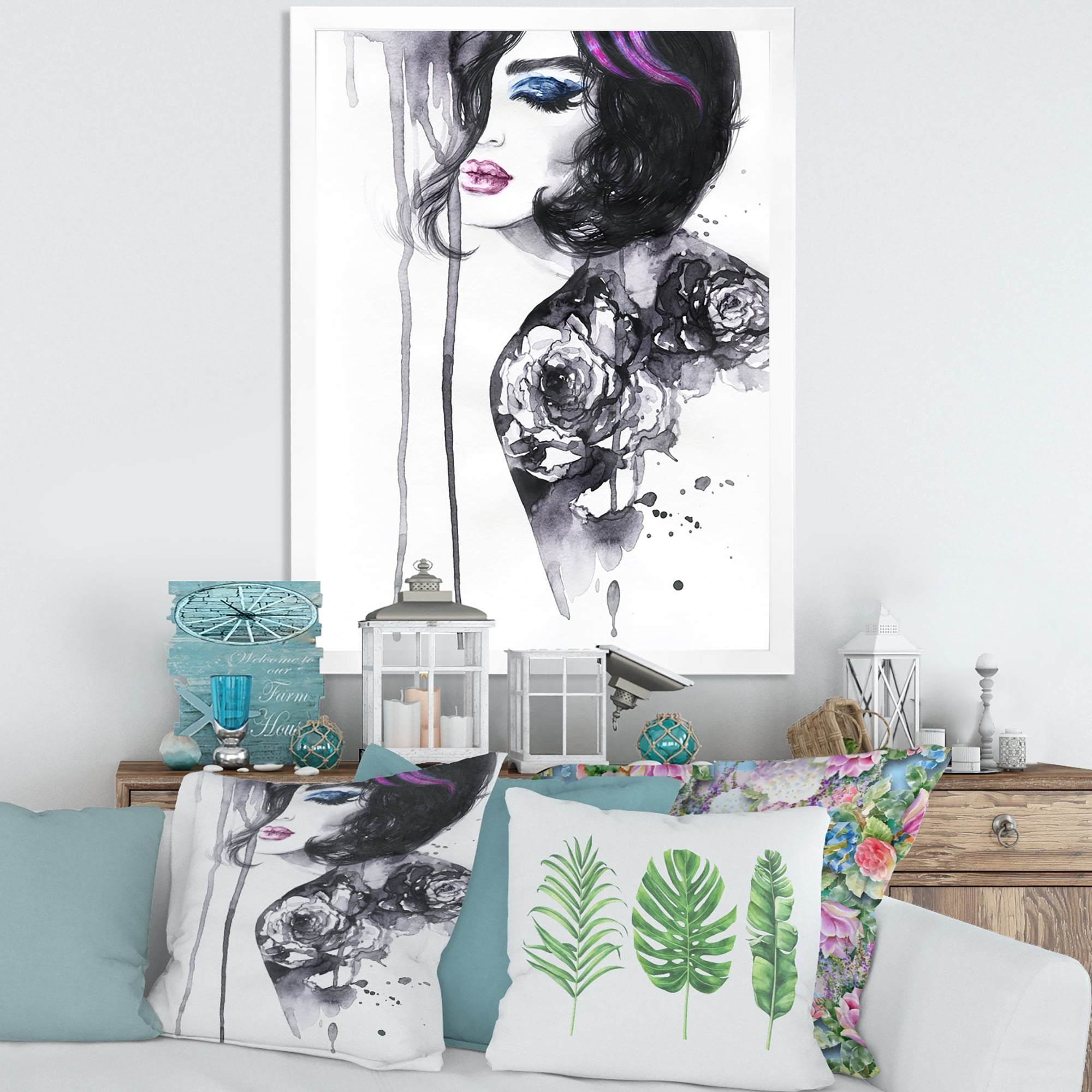 Designart 'Monochrome Female Portrait With Colorful Makeup' Modern Framed Art Print