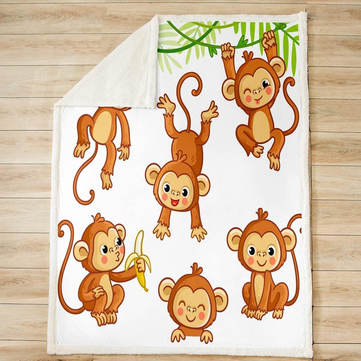 Kids Cute Monkeys Fleece Throw Blanket Cartoon Monkey Banana Decor Sherpa Blanket Boys Girls Wild Animal Pattern Plush Blanket Natural Wildlife Fuzzy Blanket for Sofa Bed Couch,Throw 50x60 Inch