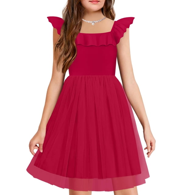 Vestido Arshiner de tul para niñas, de manga corta, de manga corta, rojo, casual