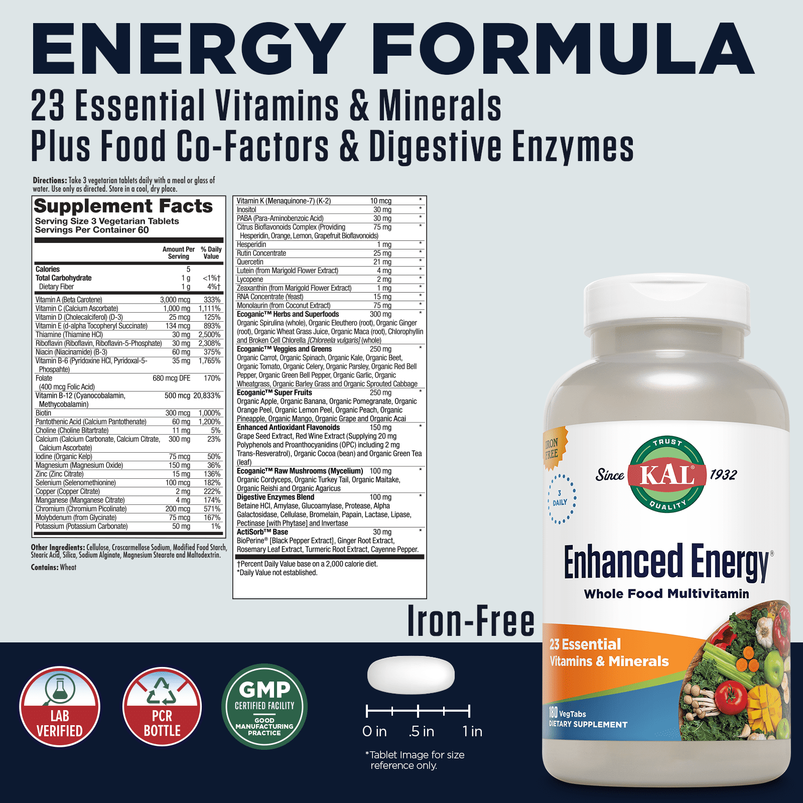 KAL Enhanced Energy Multivitamin | Whole Food Based Vitamins & Minerals w/ Antioxidants, Digestive Enzymes & Natural Carotenoids | 180 Capsules
