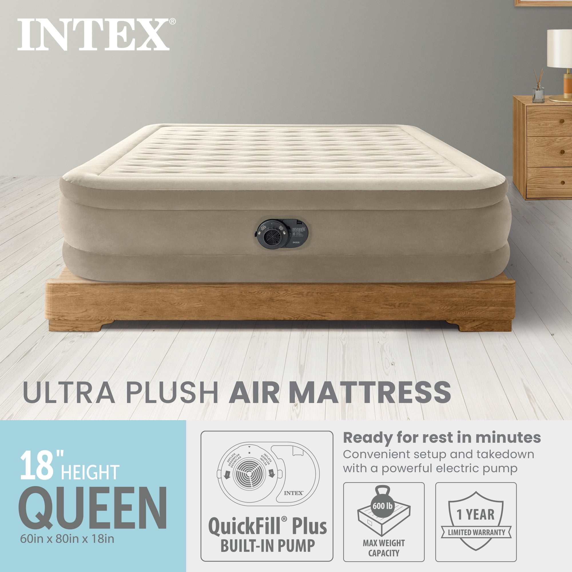 Intex 64427ED Dura-Beam Deluxe Ultra Plush Air Mattress w/ Pump, Queen