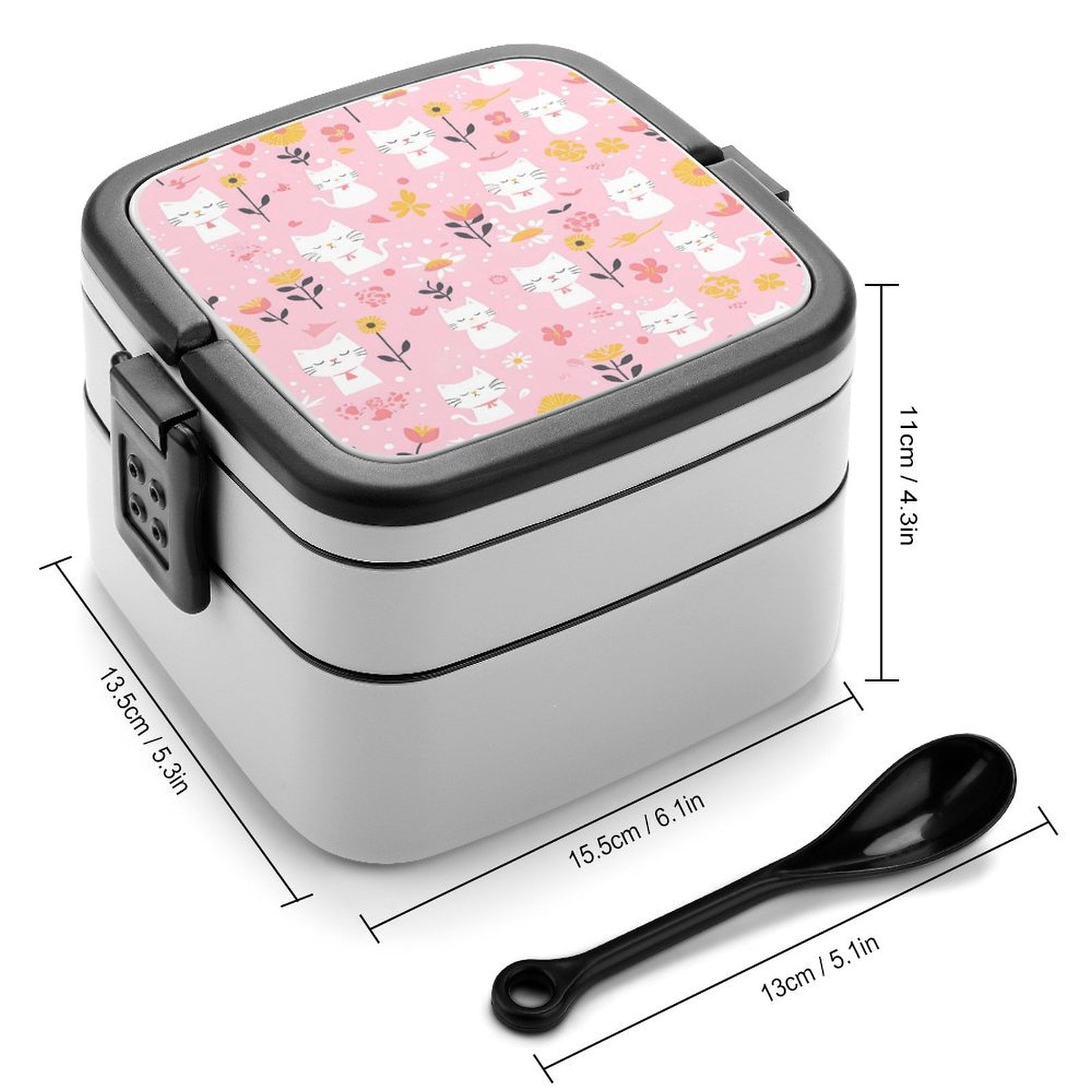 5.3×4.3in Double-Layer Bento Box Sealing Leakproof Partition Design Buckle Design Convenient Switch With Handle Cartoon Cat And Flowers