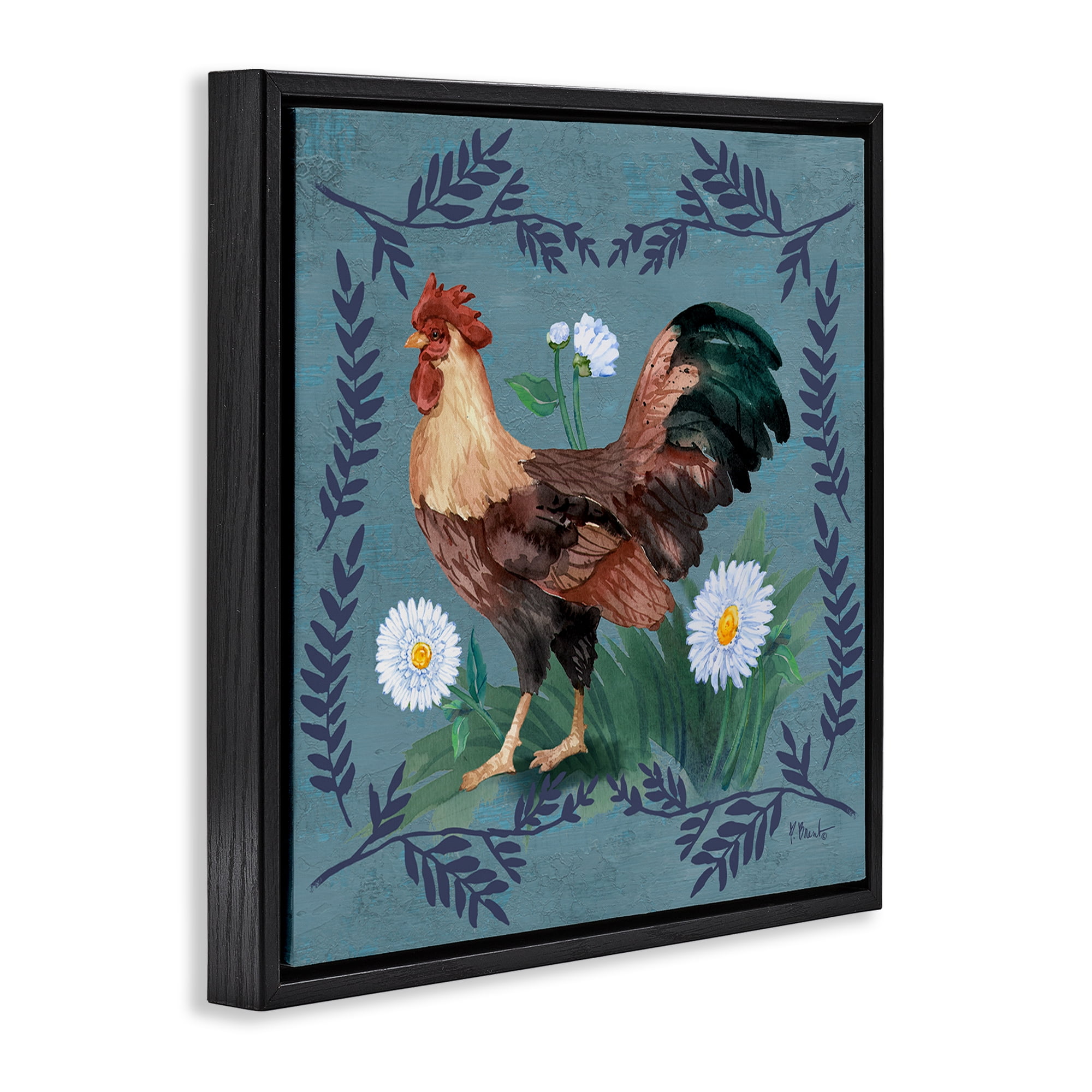 Stupell Industries Rooster & Fern Trim Animals & Insects Painting Black Floater Framed Canvas Art Print Wall Art, 18 x 18
