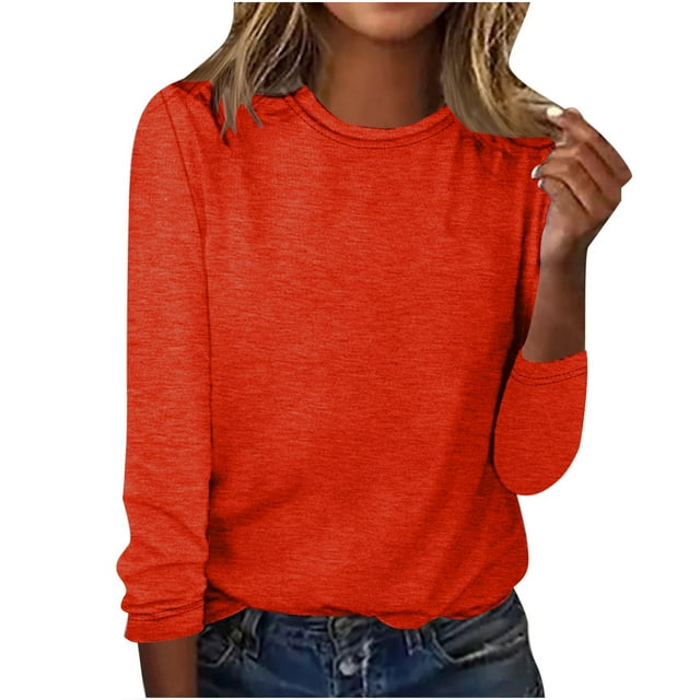 AherBiu Womens Long Sleeve Tops Crewneck Basic Layer Top Tee Tshirts Solid Color Dailywear