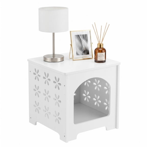WoofPaw White End Table Nightstand with Floral Design, Narrow Side Table with Storage Shelf, Bedside Table for Bedroom, Living Room & Office,1-Tier