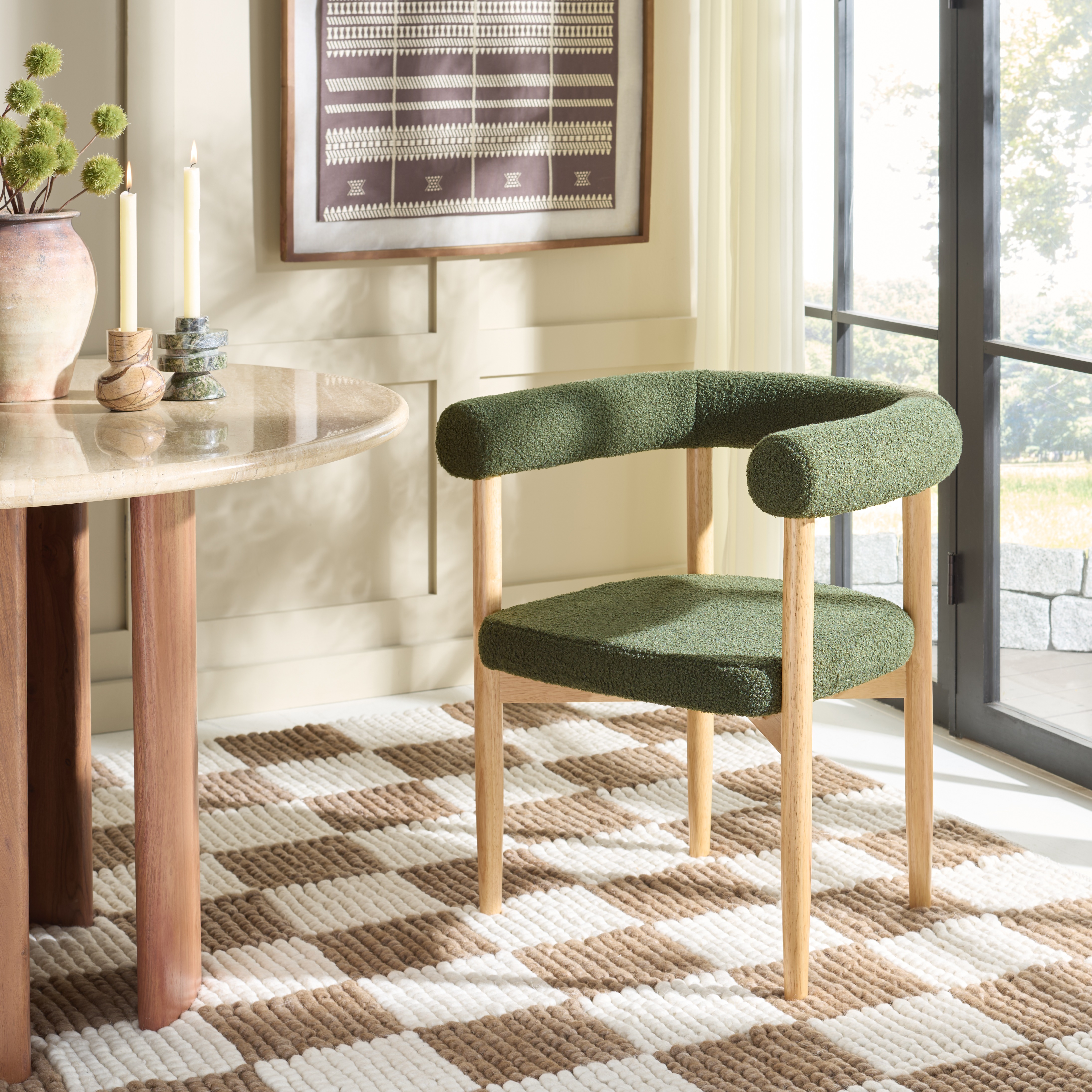 Safavieh Tomio Modern Wood and Fabric Dining Arm Chairs, Walnut / Dark Green