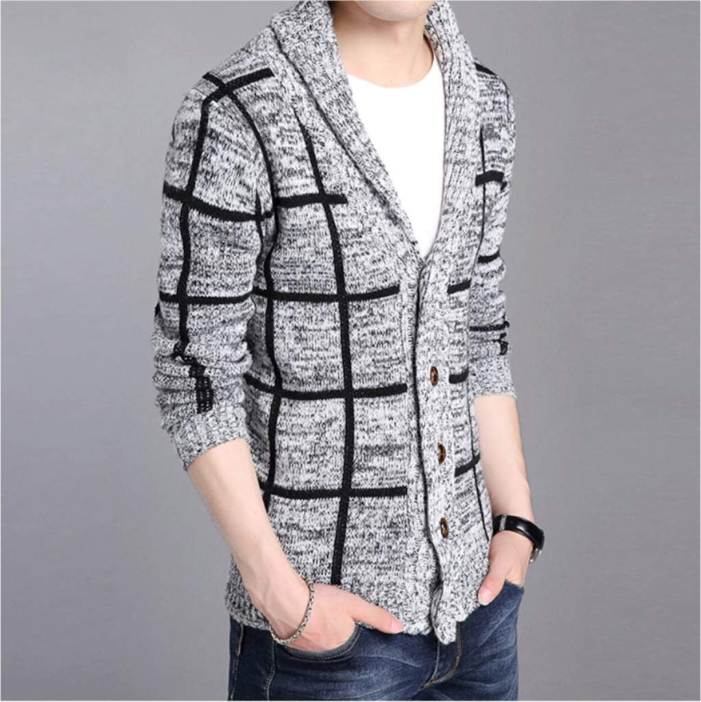 Mens Shawl Collar Plaid Cardigan