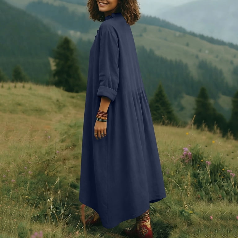 gakvbuo Summer Linen Dress For Women Maxi Dress Popover Dress Women's Linen  Loose V-Neck Lace Long Sleeved Dress - Walmart.com