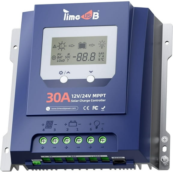 Timeusb 30 Amp MPPT 12V/24V/Auto DC Input Solar Charge Controller, 99% Tracking Efficiency and Fast Charging, 50V MPPT Controller with LCD Screen for Solar Panel Systems