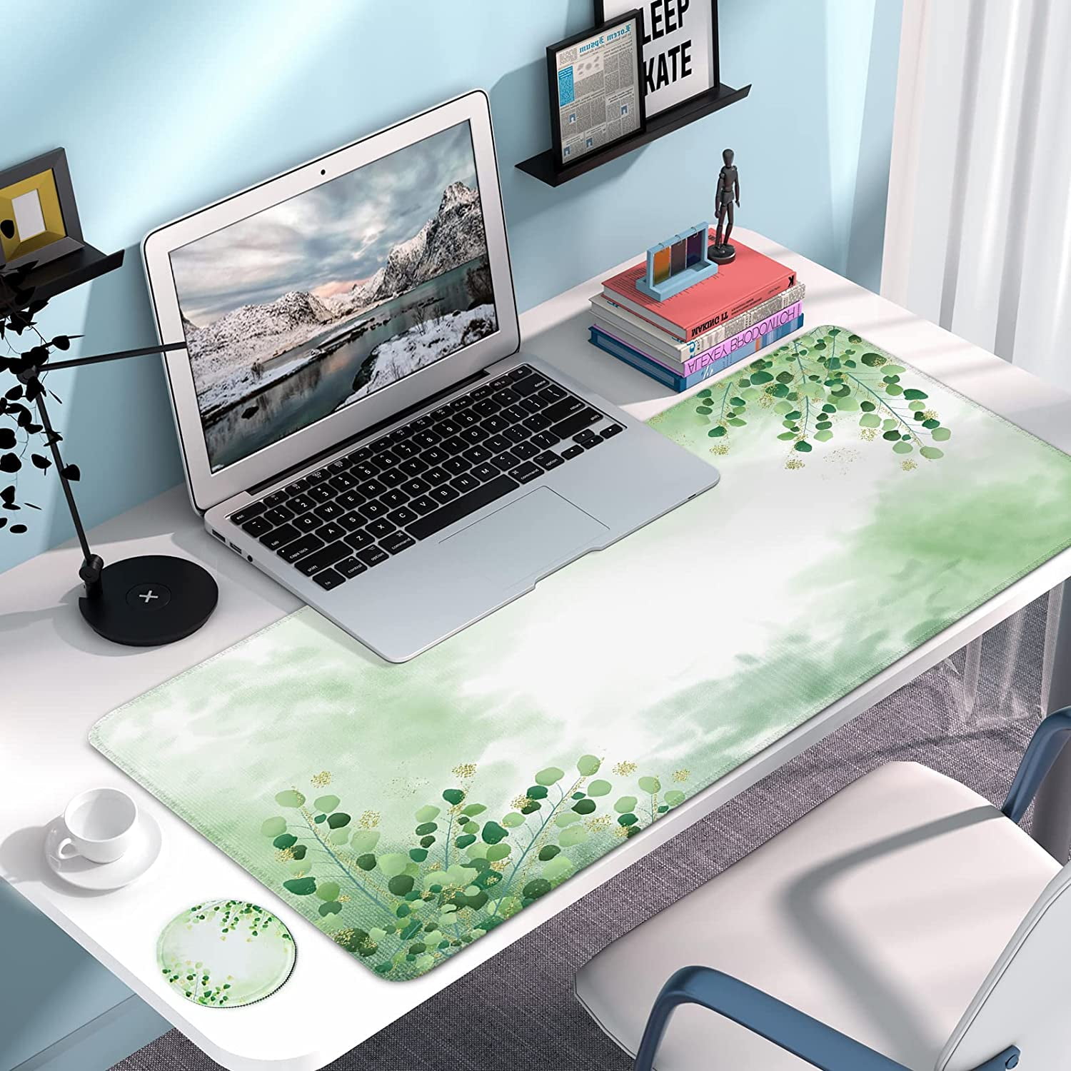 Large Gaming Mouse Pad with Coaster, Desk Mat, Desk Pad, Mouse Pads for Desk Protector, Stitched Edges Big Extended Mousepad for Computer Keyboard Laptop Office Decor, 31.5'' x15.6'' -Green Leaves