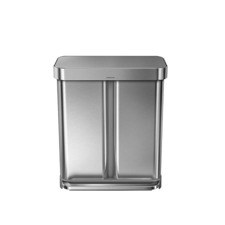 simplehuman - 58 L Rectangular Hands-Free Dual Compartment Recycling Kitchen Step Trash Can with Soft-Close Lid - Brushed Stainless Steel