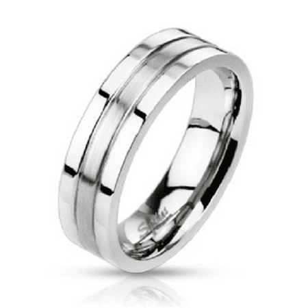New Stainless Steel Shiny & Matte Grooved Band Ring - Size 5